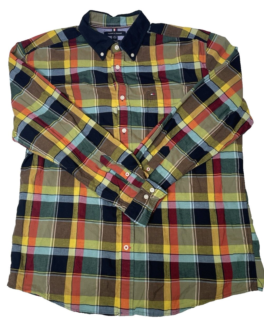 Tommy Hilfiger Mens XL Madras Plaid Cotton Long Sleeve Button Down Shirt